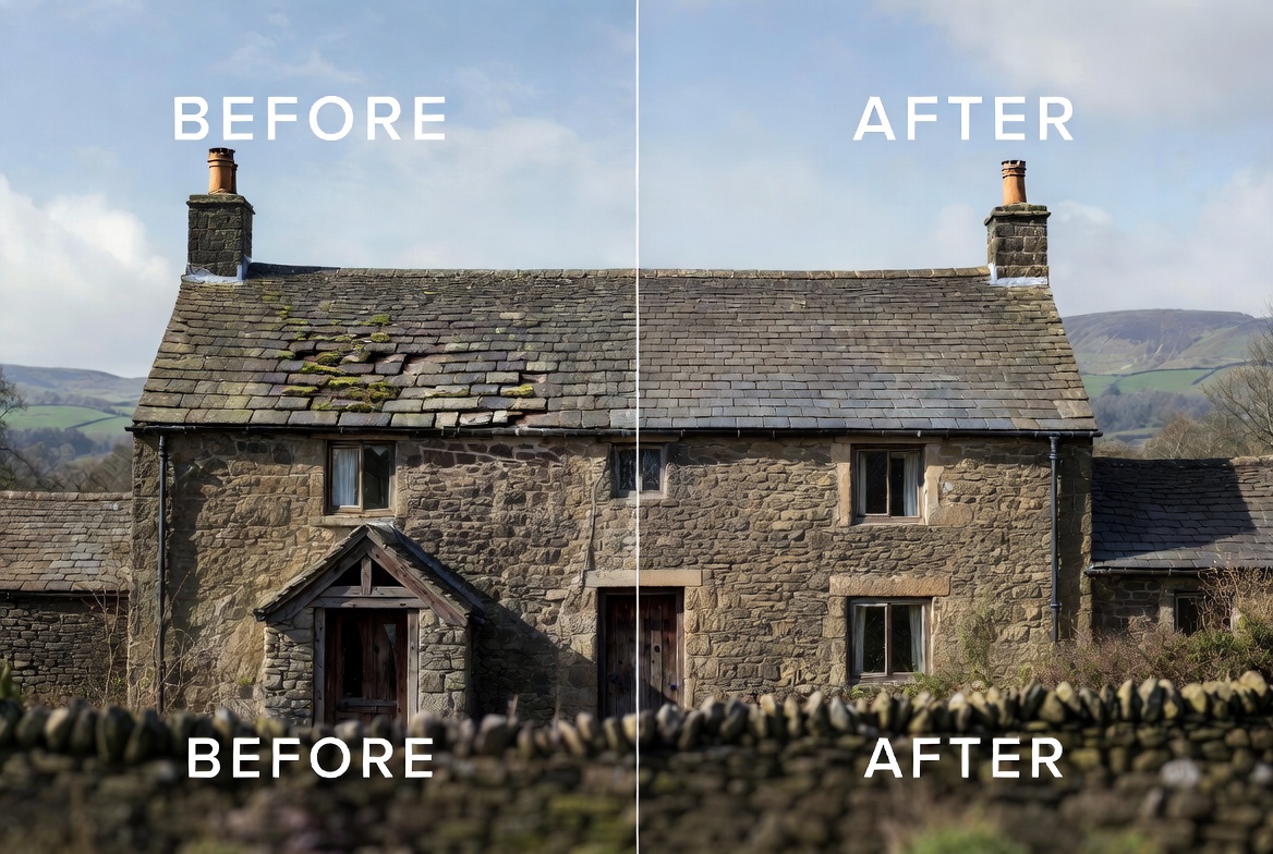 Roof leak repair before and after Yorkshire.
