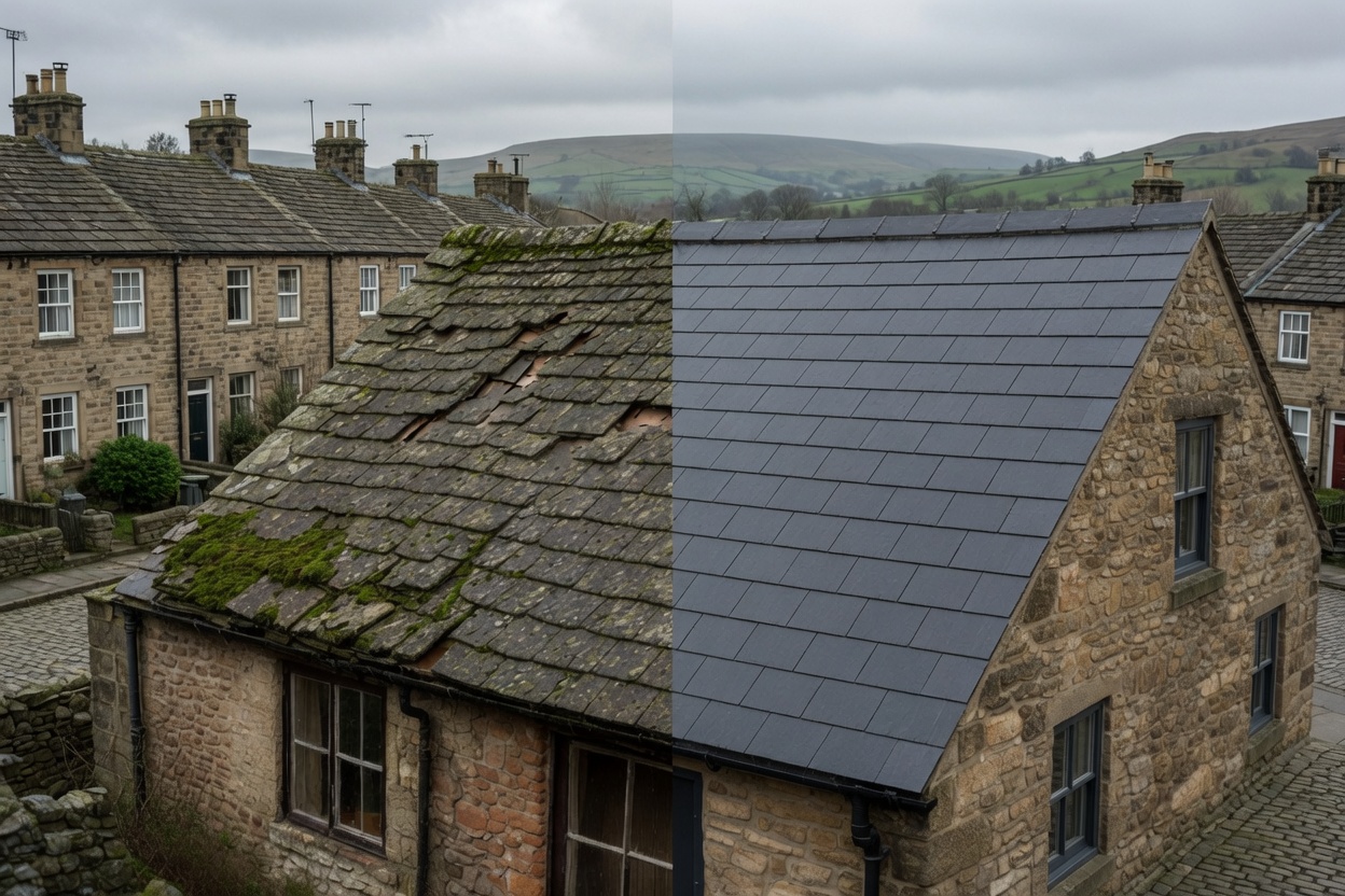Terraced residential roof replacement Yorkshire.